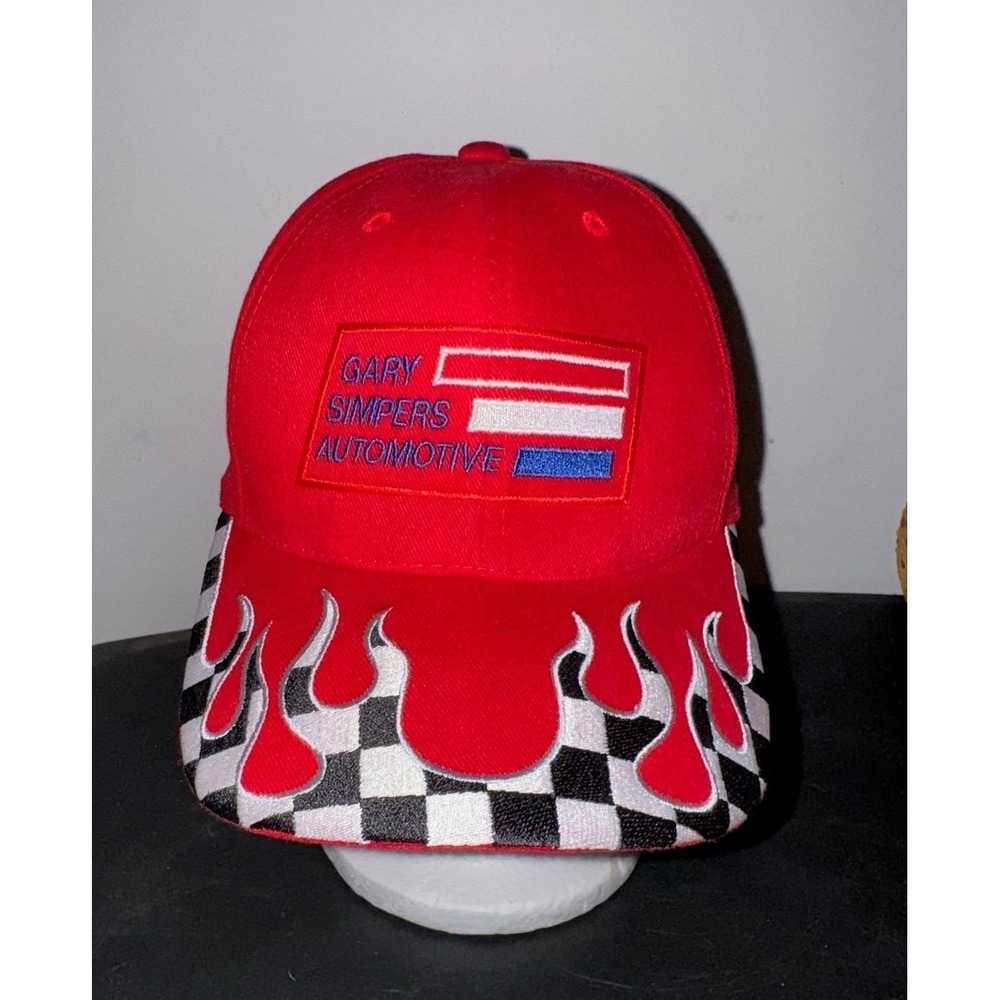 Vintage 90's Automotive Checkered Flames Embroidered Red‎ Adjustable Cap Hat NWT